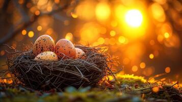 AI generated Bird Nest With Four Eggs in Front of a Setting Sun photo