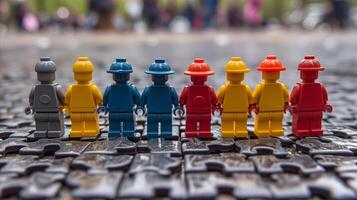 ai generado grupo de Lego personas en pie juntos foto