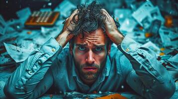 AI generated Stressed Man Overwhelmed by Papers photo