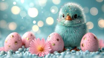 AI generated Little Blue Bird Sitting Next to Pink Eggs photo