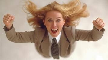 ai generado eufórico mujer de negocios celebrando éxito con brazos elevado y alegre expresión foto