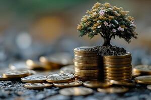 ai generado pequeño árbol en pila de monedas foto