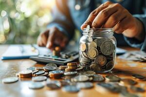 AI generated Person Putting Money in Jar on Table photo