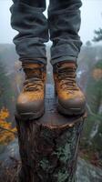 AI generated Adventurous hiker stands on tree stump in misty autumn forest photo