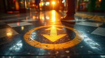 AI generated Close-up of Yellow Arrow on Checkered Floor photo