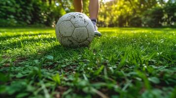 ai generado fútbol pelota en lozano verde campo foto