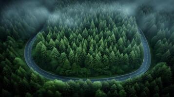 AI generated Serene Forest Path, Curved Road Through the Woods photo