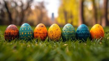 AI generated Rows of colorful Easter eggs lined up. photo