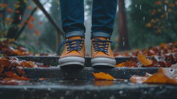 AI generated Autumn walk in the rain. Close-up of orange shoes on wet steps photo
