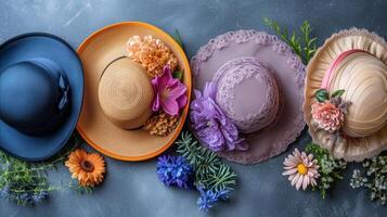 AI generated Elegant women's hats with flowers on textured background - fashion accessories photo