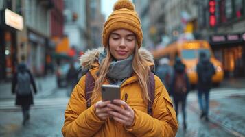 AI generated Woman in Yellow Jacket Checking Cell Phone photo