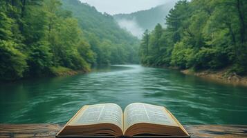 AI generated Open Book on Wooden Table photo