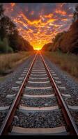AI generated Sunset over railroad tracks with dramatic sky and countryside landscape photo