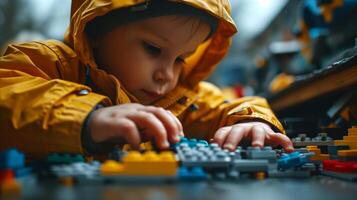 ai generado joven niño jugando con Lego conjunto foto