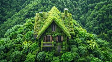 ai generado casa cubierto en verde plantas en bosque foto