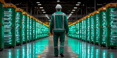 AI generated Engineer inspecting servers in data center corridor with led lights photo