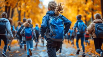 ai generado grupo de niños corriendo abajo camino con mochilas foto