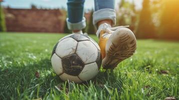 ai generado persona en pie siguiente a fútbol pelota en campo foto