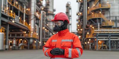 AI generated Industrial worker in protective gear at a large oil refinery photo