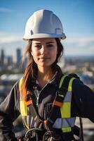 ai generado mujer en difícil sombrero con la seguridad engranaje foto