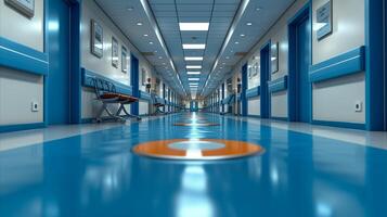 ai generado hospital corredor con azul piso foto