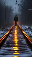 AI generated Man Walking Down Train Track at Night photo