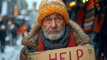 AI generated Elderly Man Holding Help Sign photo