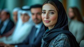 AI generated Woman in Headscarf Sitting in Front of People photo