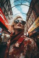 AI generated Woman Wearing Sunglasses and Scarf in City photo