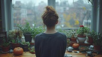 AI generated Woman Standing in Front of Window With Potted Plants photo