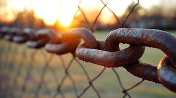 ai generado dorado amanecer mediante oxidado cadena enlace cerca, símbolo de esperanza y resistencia foto