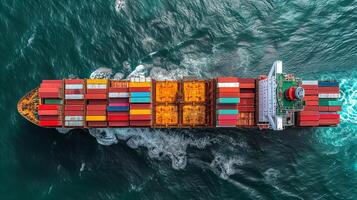 AI generated Cargo ship at sea from above Global trade and transportation concept photo