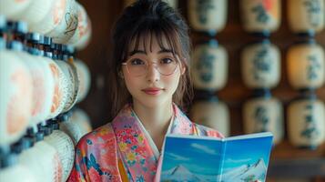 ai generado mujer en kimono leyendo libro foto