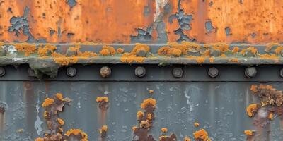 AI generated Rusty metal surface with peeling paint and lichen overgrowth photo