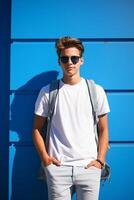 AI generated Young Man Standing in Front of Blue Wall photo