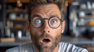 AI generated Surprised man with glasses displaying shock and amazement photo