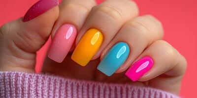 AI generated Colorful manicure on female hand with pink background photo