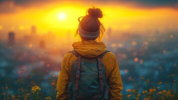 AI generated Person With Backpack Contemplating Sunset photo