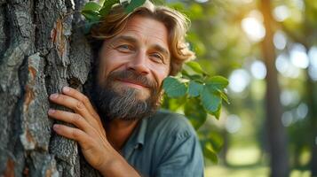 ai generado barbado hombre propensión en contra árbol foto