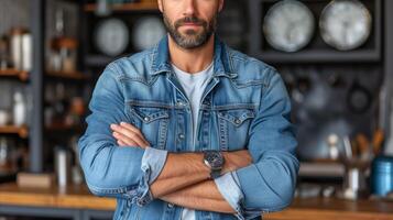 AI generated Confident man in denim jacket standing with arms crossed in a modern kitchen photo