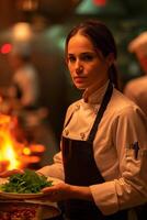 ai generado mujer participación plato de comida en frente de fuego foto