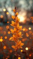 AI generated Golden autumn leaves with soft bokeh lights at sunset photo