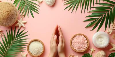 AI generated Spa concept with natural products and tropical leaves on pastel background photo