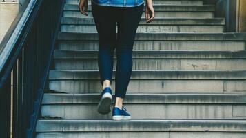 AI generated Person walking up stairs outdoors, concept of progress and ascent photo