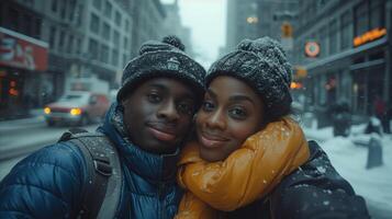 ai generado personas en pie en el nieve foto