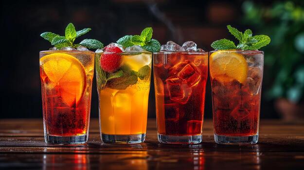 AI generated Rows of cocktail glasses on the bar counter photo