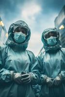 AI generated Two People in Protective Clothing Standing in Front of Tall Buildings photo