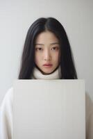 AI generated Woman Holding White Paper With Long Black Hair photo