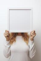 AI generated Woman Holding White Picture Frame photo