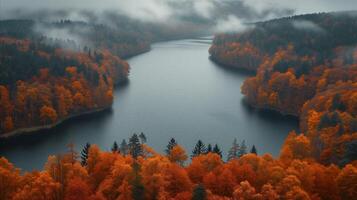 ai generado otoño colores manta un brumoso bosque paisaje con sereno lago foto